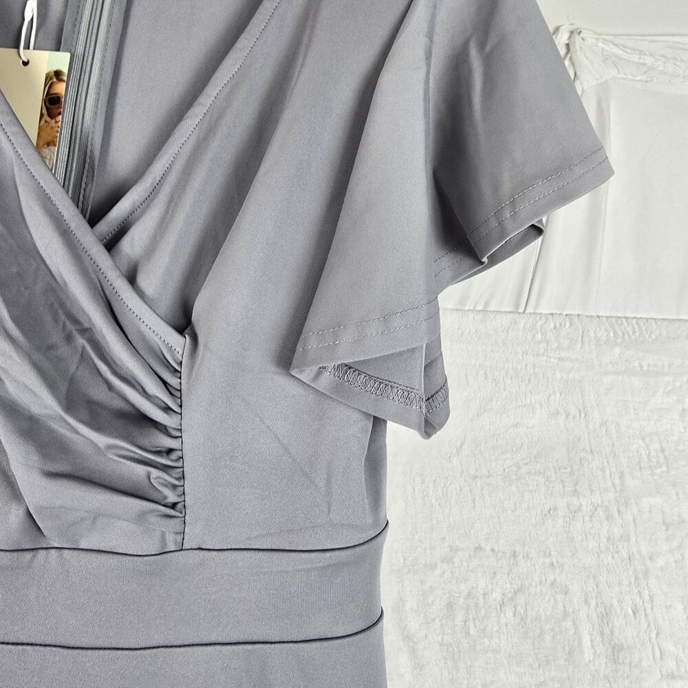 Dokotoo Midi Party Dress Women's Medium Grey Flutter Sleeve V-Neck Short Sleeve - Picture 3 of 10